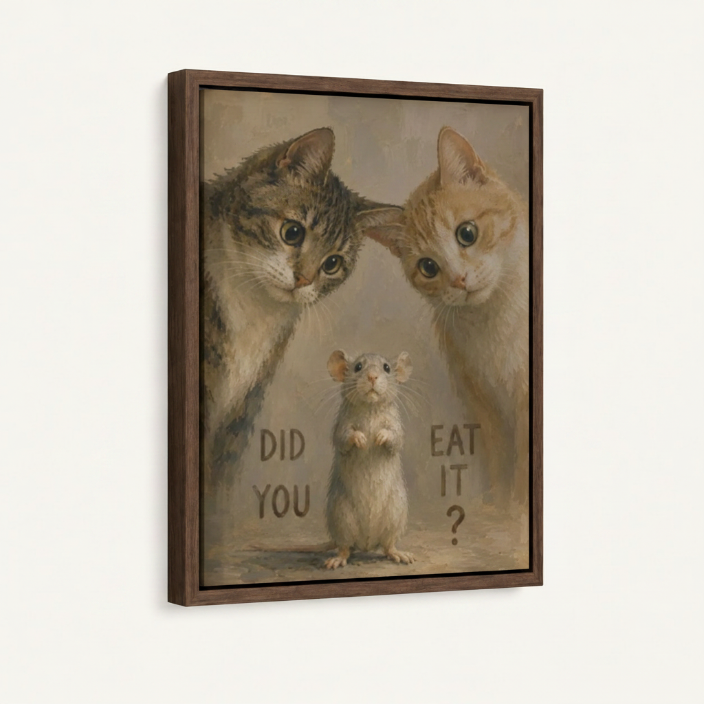 Gray and orange tabby cats mouse "Did You Eat It" vintage canvas in wide walnut float frame, 3/4 angle