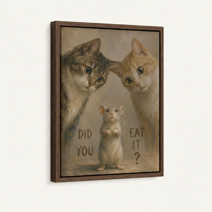 Gray and orange tabby cats mouse "Did You Eat It" vintage canvas in wide walnut float frame, 3/4 angle
