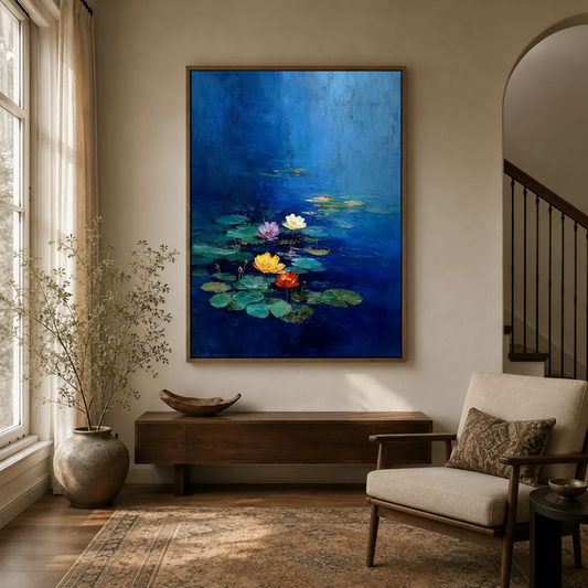 Colorful lotus pond canvas print in a warm entryway hallway with arched doorway and natural light