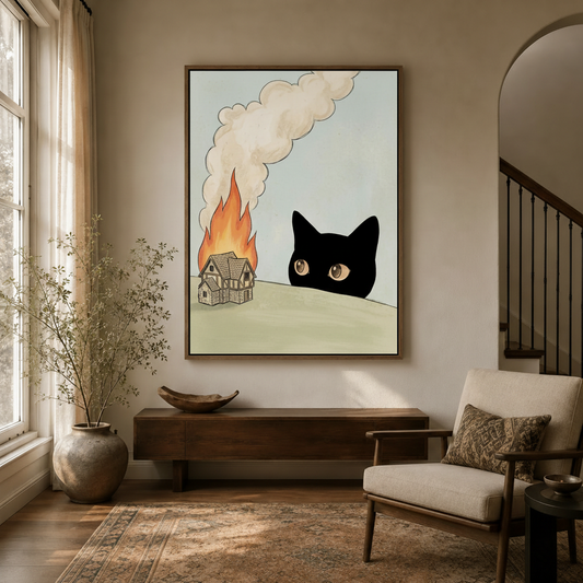 Minimalist cat and burning house humor canvas in entryway hallway with floating frame