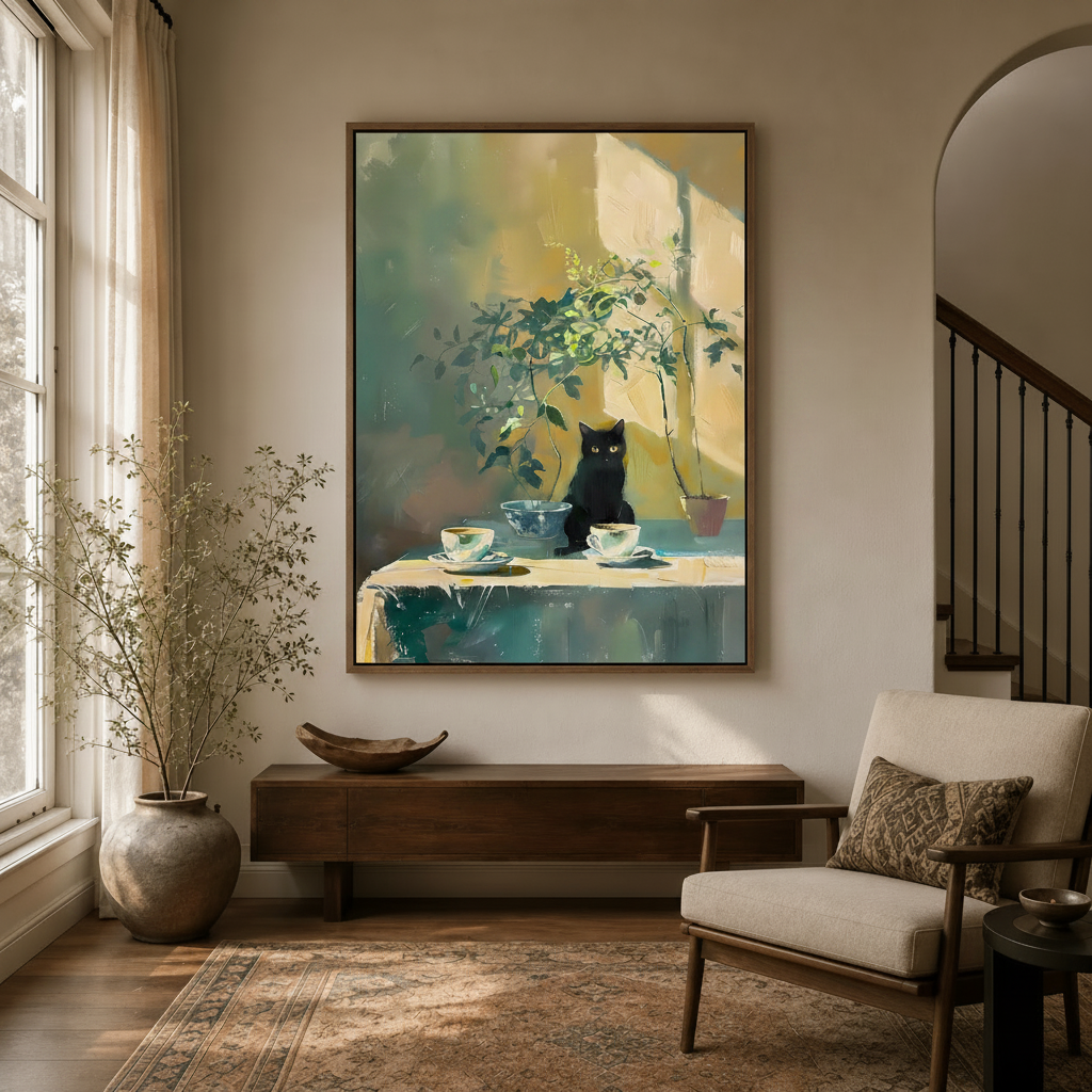 Black cat impressionist canvas art in float frame above dark walnut console in warm neutral entryway