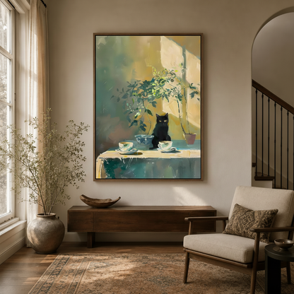 Black cat impressionist canvas art in float frame above dark walnut console in warm neutral entryway