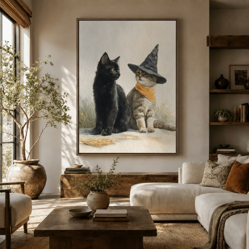 Black cat and tabby witch hat watercolor canvas hung above white sofa in bright modern living room