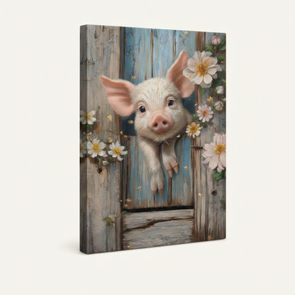 Gallery-wrapped canvas of curious piglet with white daisies shown at angle on white background