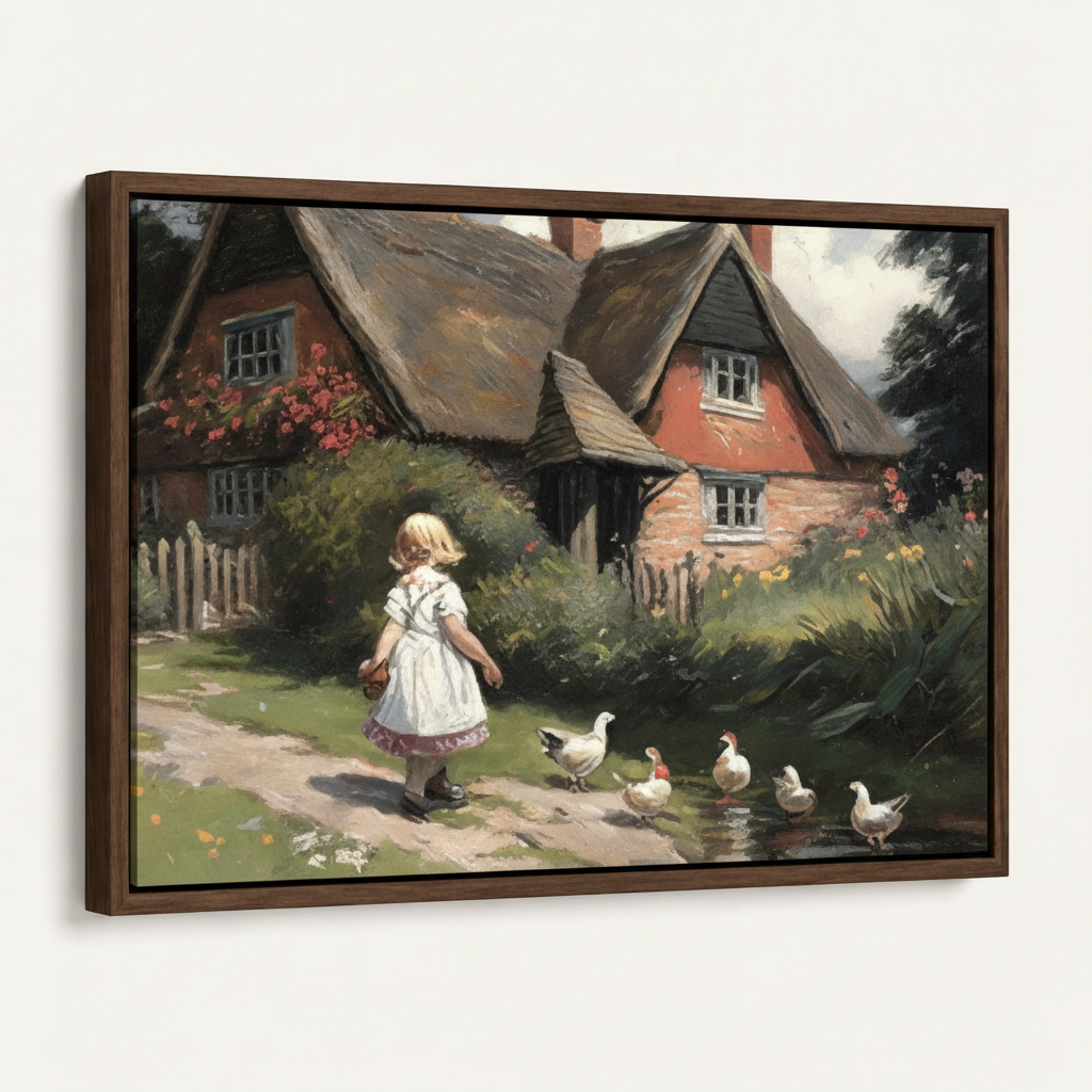 Countryside girl geese cottage canvas print dark walnut float frame angled 3/4 product mockup view