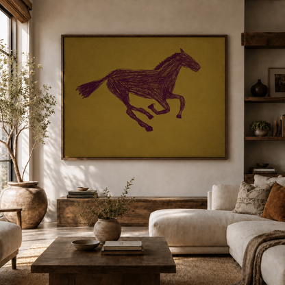 Minimalist galloping horse canvas print in a large wood frame over a cream sectional sofa in a bright modern living room