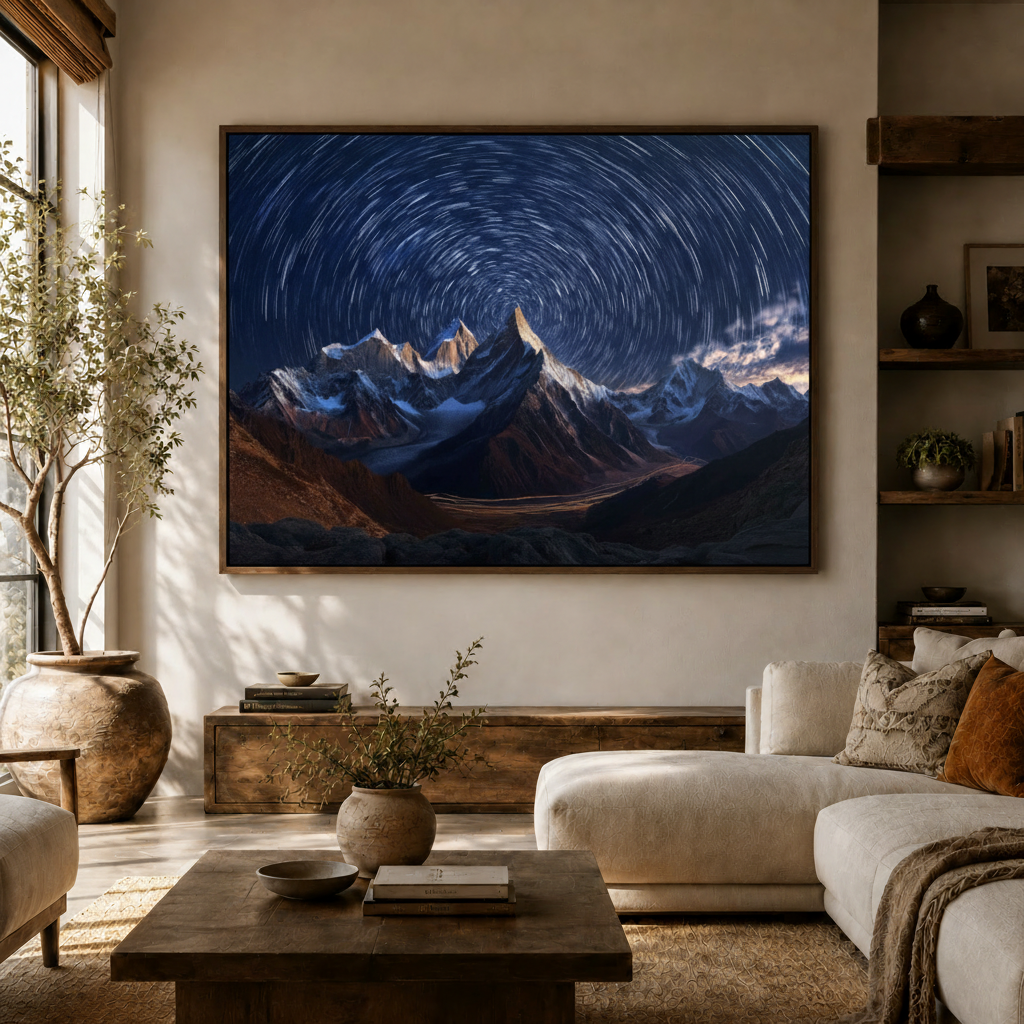 Night sky mountain wall art with spiraling star trails styled on a white sofa living room accent wall