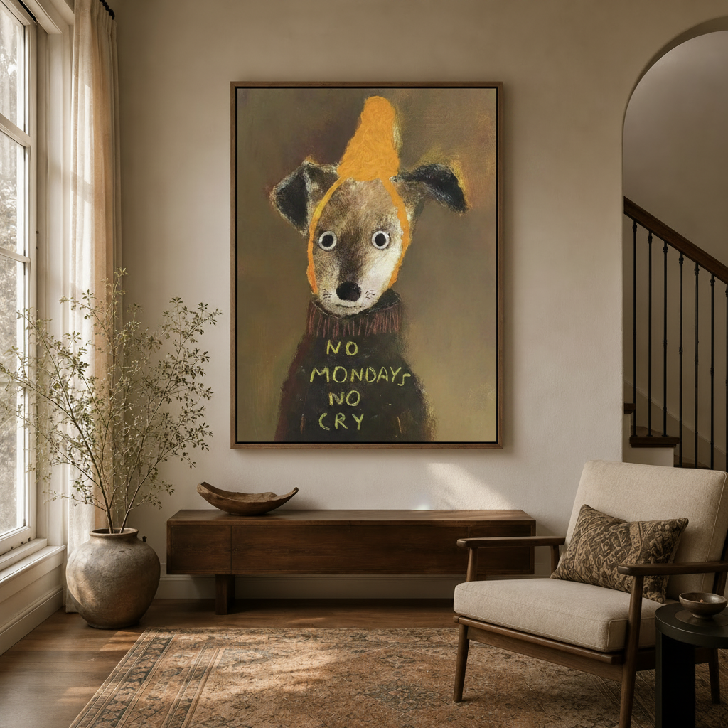  Whimsical dog wall art displayed in modern entryway with warm natural light