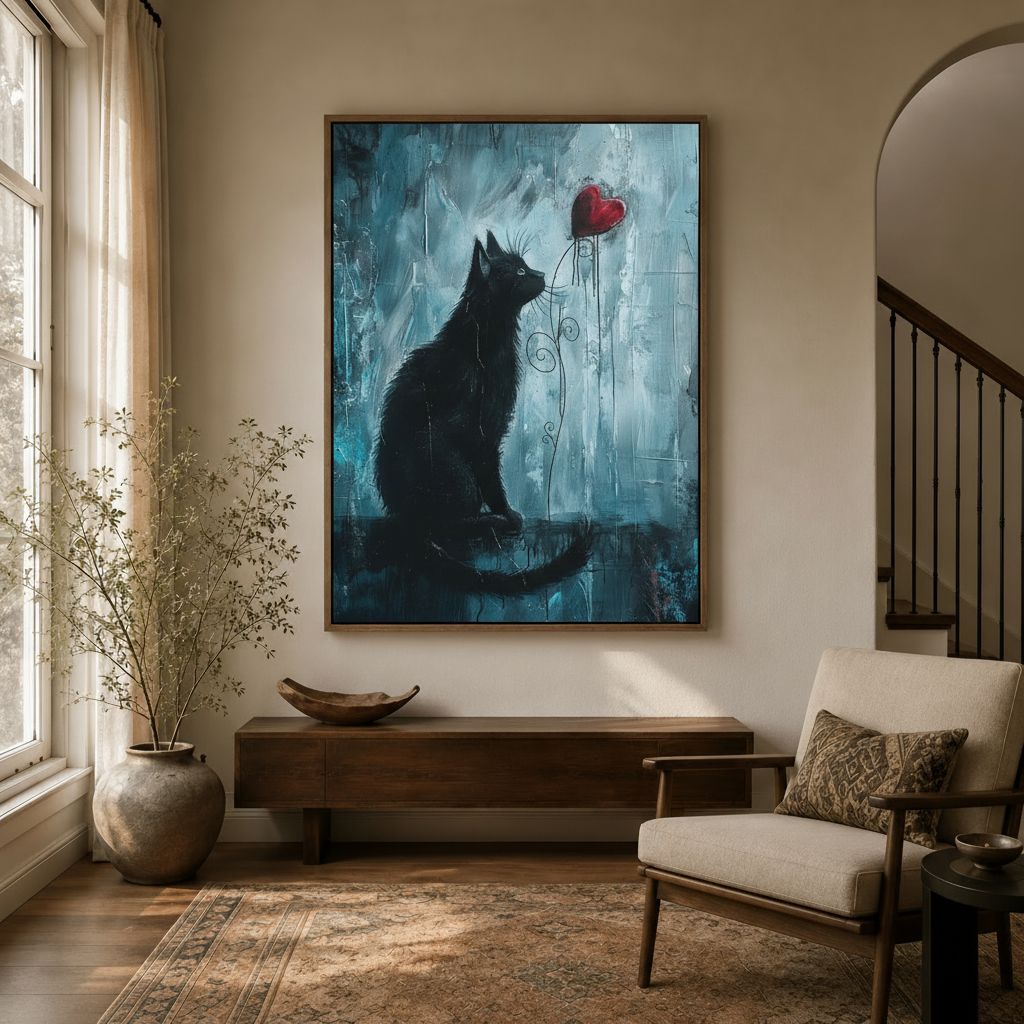 Framed black cat heart balloon oil painting canvas hung above wood console in a warm neutral entryway with arched doorway and staircase
