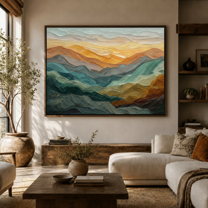 Large textured mountain landscape canvas print in dark walnut float frame above sideboard in modern living room