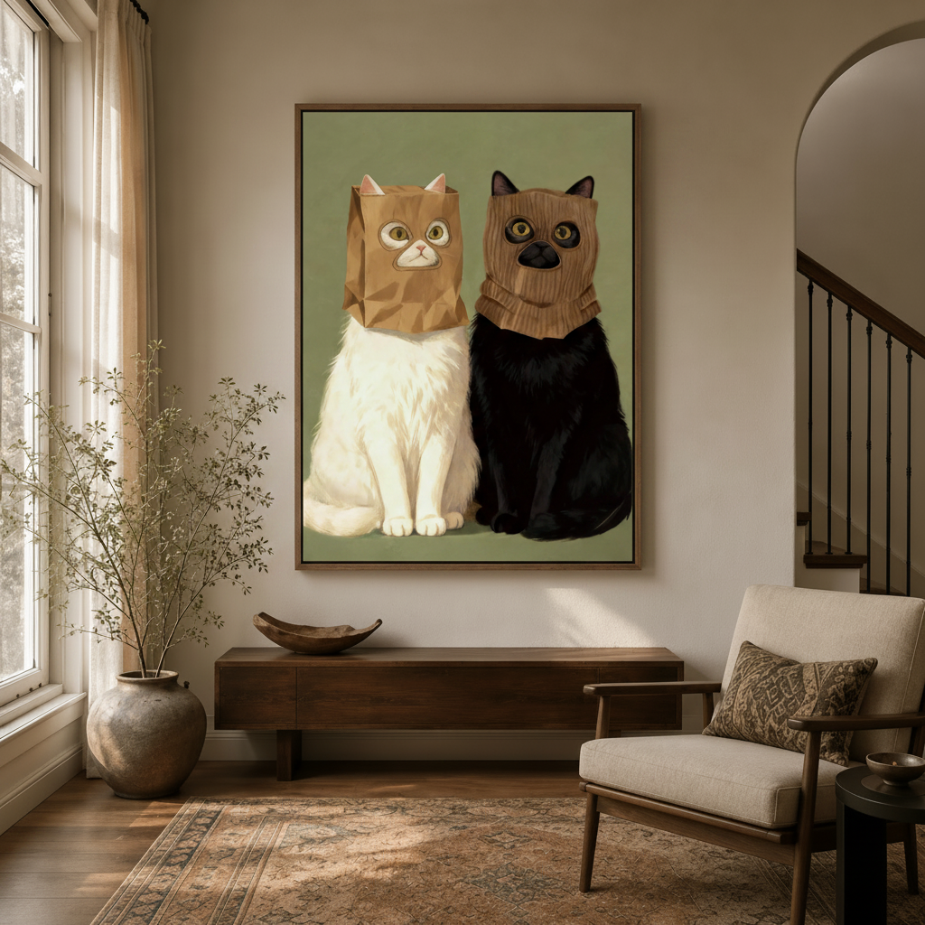 Funny cat wall art in a cozy entryway with natural light and neutral decor