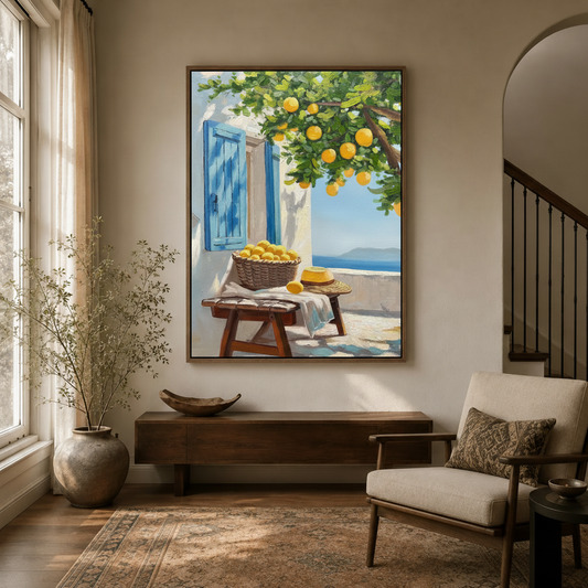 Greek coastal impasto canvas print hanging in a neutral-toned modern entryway