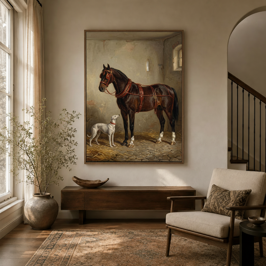 Dark bay horse greyhound old master canvas print hanging in elegant hallway entryway
