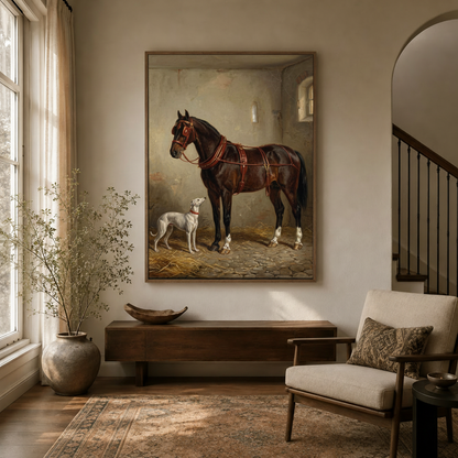 Dark bay horse greyhound old master canvas print hanging in elegant hallway entryway