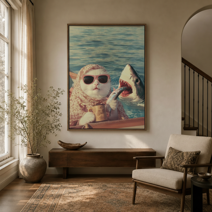 Funny cat shark vintage collage canvas print in walnut float frame displayed in warm entryway hallway scene