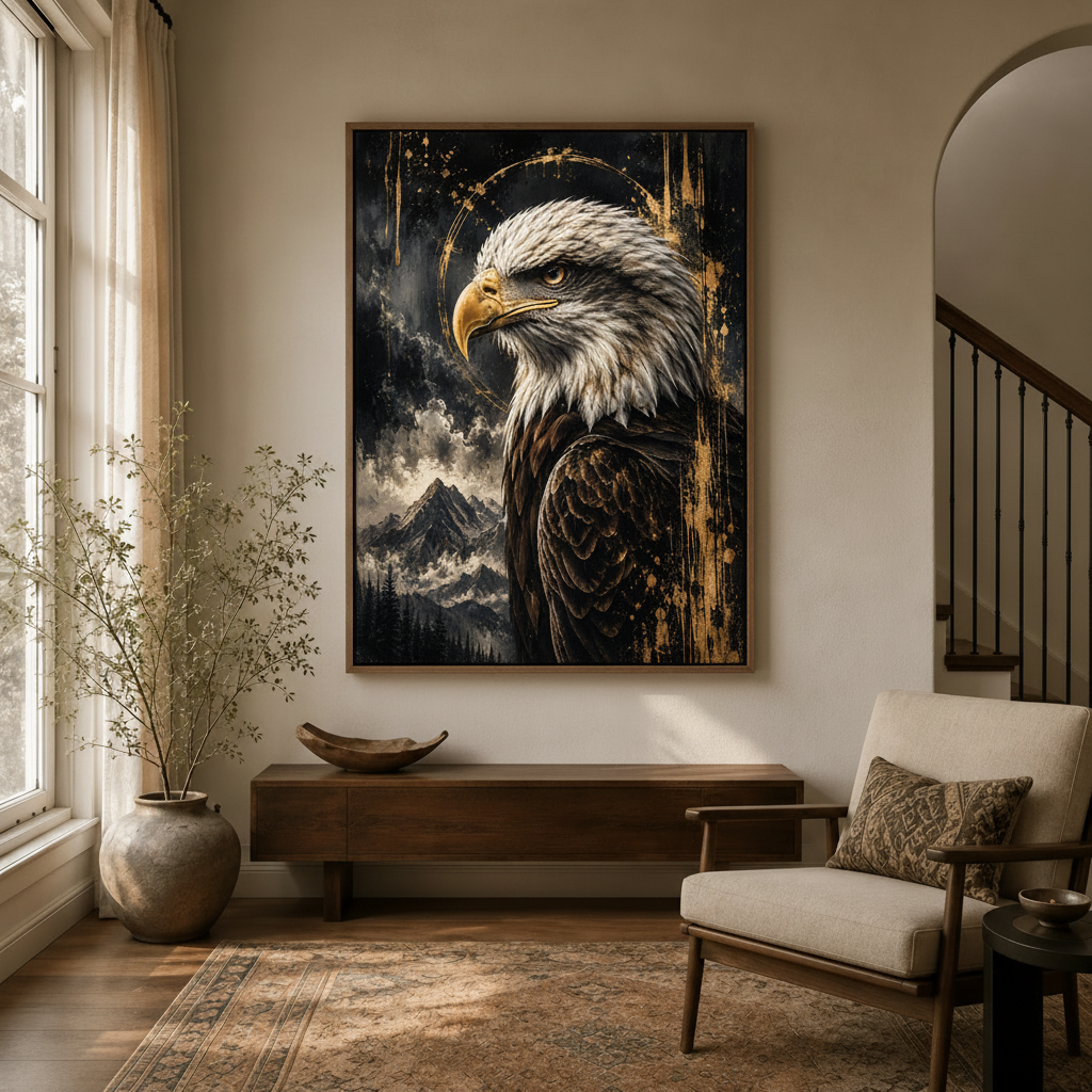 Dramatic eagle canvas print hanging in neutral entryway with walnut console and arched doorway