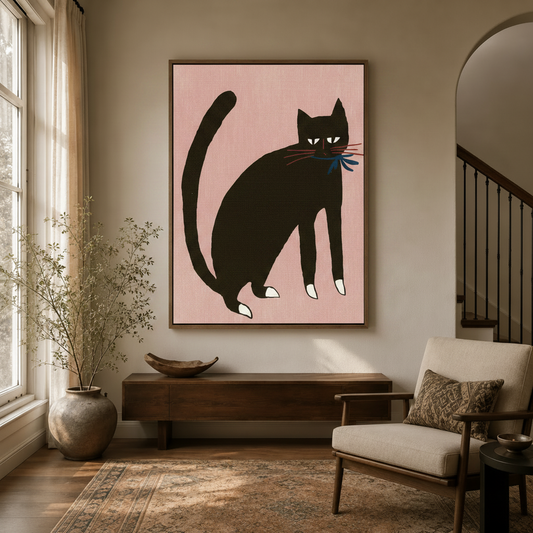 Folk art black cat wall art in walnut float frame displayed in bright entryway with arched doorway