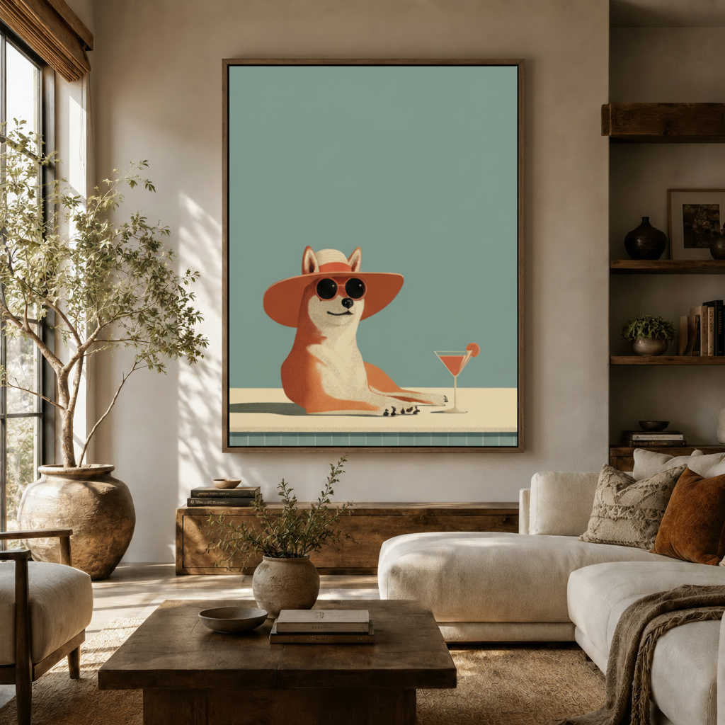 Large funny corgi pool art canvas in walnut float frame above sideboard in bright neutral living room