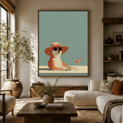 Large funny corgi pool art canvas in walnut float frame above sideboard in bright neutral living room