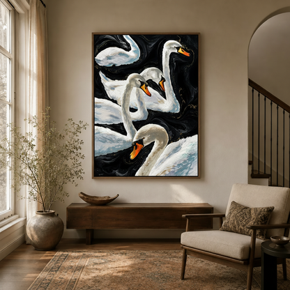 Bold black marble swan painting in walnut float frame styled in a warm neutral entryway hallway