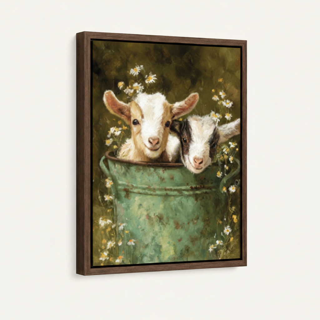Baby goats in rustic daisy bucket farmhouse canvas in dark walnut float frame, 3/4 angle white background