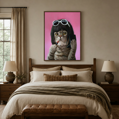 Bold glamour cat oil painting in dark wood float frame centered above bed in a cozy warm bedroom