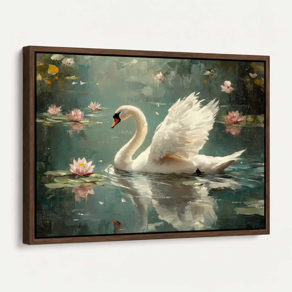 Framed white swan lotus pond impressionist canvas print in deep dark walnut float frame angled 3/4 view