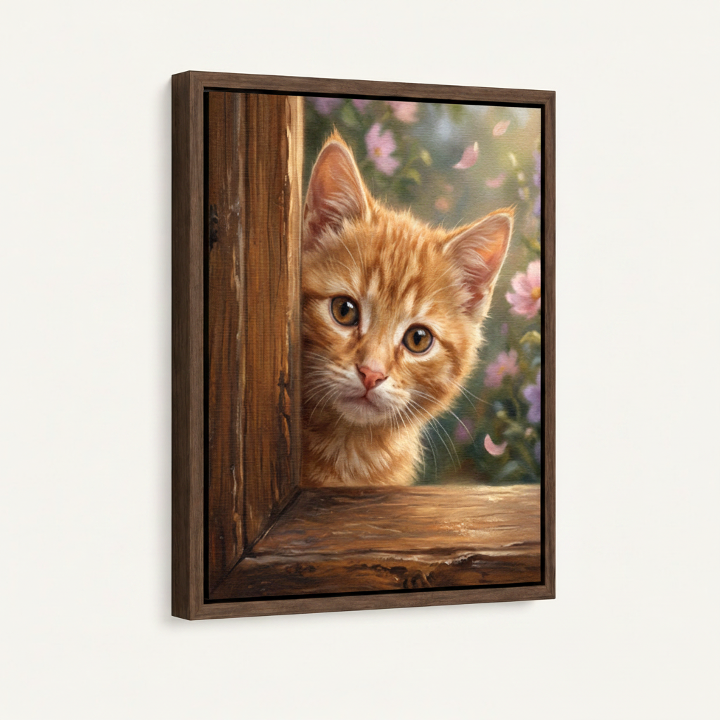 Kitten peeking rustic door spring floral realistic canvas in wide dark walnut float frame, 3/4 portrait angle