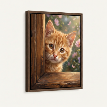 Kitten peeking rustic door spring floral realistic canvas in wide dark walnut float frame, 3/4 portrait angle