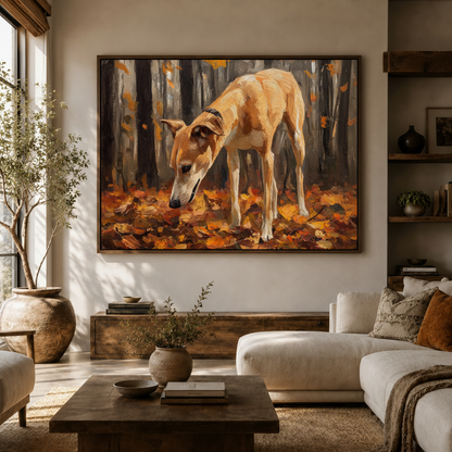 Framed greyhound sniffing fall leaves moody forest impressionist canvas above sideboard in warm modern living room