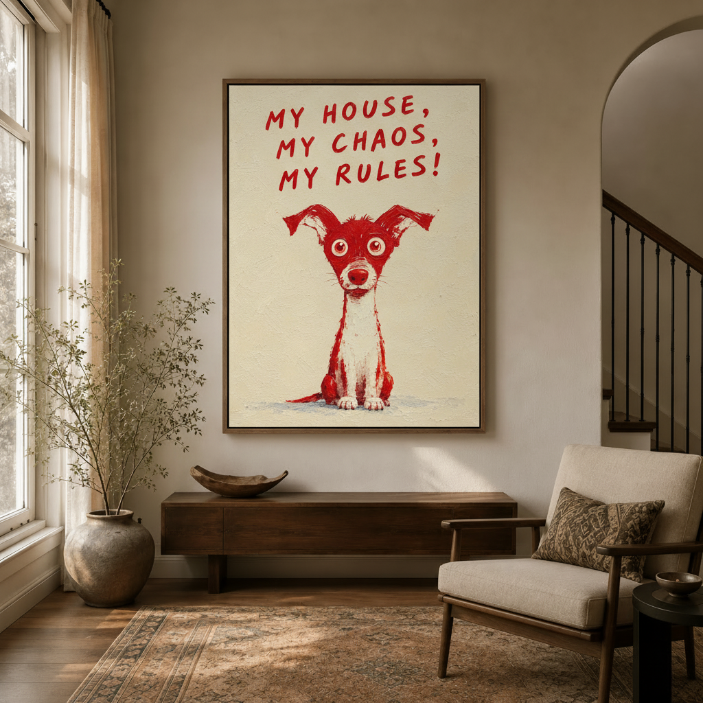 Funny dog quote canvas art on entryway wall with credenza and arched staircase below