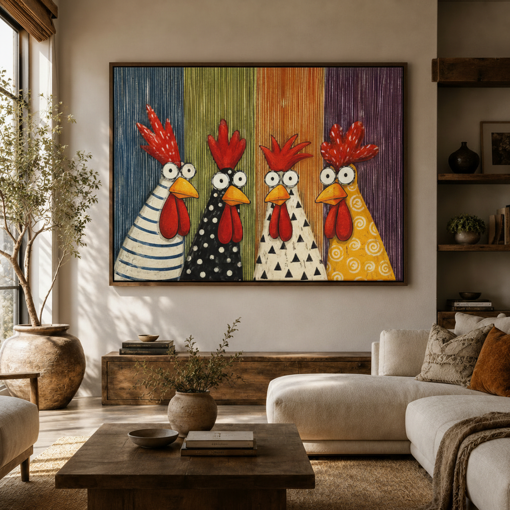 Colorful rooster wall art above dark walnut console in rustic farmhouse living room with white sofa