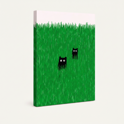 Gallery wrapped canvas side view of minimalist black cat wall art with green grass illustration