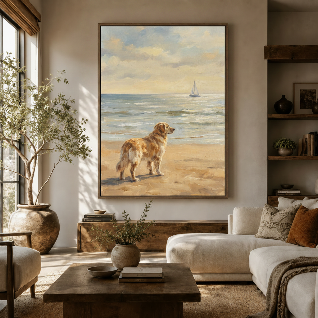 Impressionist dog canvas wall art displayed above sofa in bright Scandinavian-style living room