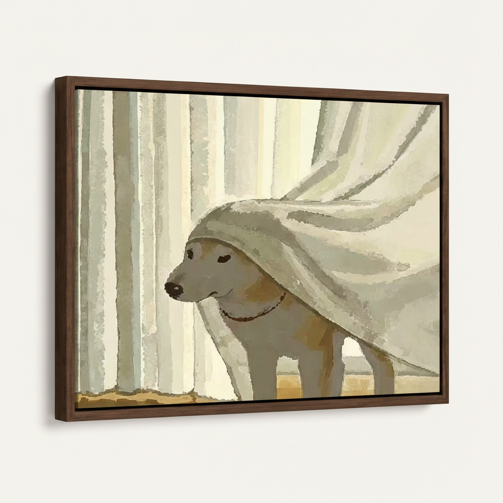 Framed canvas print of a dog under sheer curtain shown at an angle with dark walnut float frame on white background