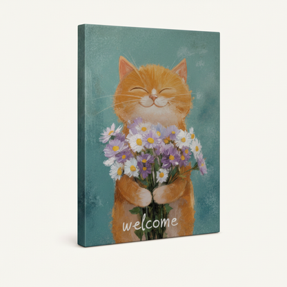 Gallery wrapped cat holding daisies canvas print displayed at angle showing thick side profile