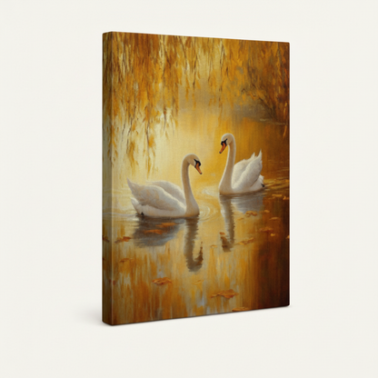 Gallery-wrapped swan couple golden autumn pond canvas, 3/4 left-tilt showing dark wrap edges and warm amber tones