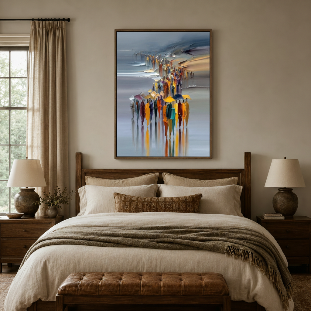 Impressionist crowd canvas art hanging above a wooden bed with linen bedding in a cozy earthy bedroom