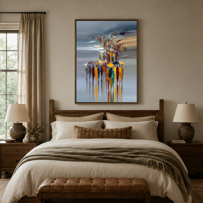 Impressionist crowd canvas art hanging above a wooden bed with linen bedding in a cozy earthy bedroom