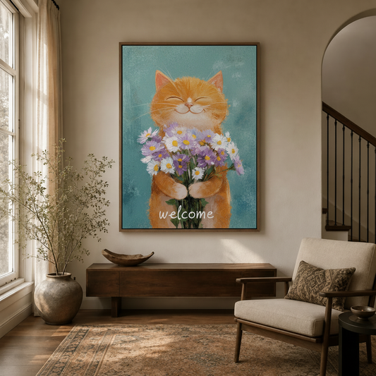 Happy cat floral wall art in dark walnut float frame hung in bright neutral entryway with staircase