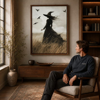 Walnut framed dark fantasy witch artwork displayed above a wooden living room console