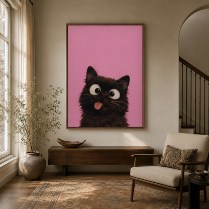 Whimsical black kitten canvas print in float frame hanging in a bright modern foyer with arched doorway