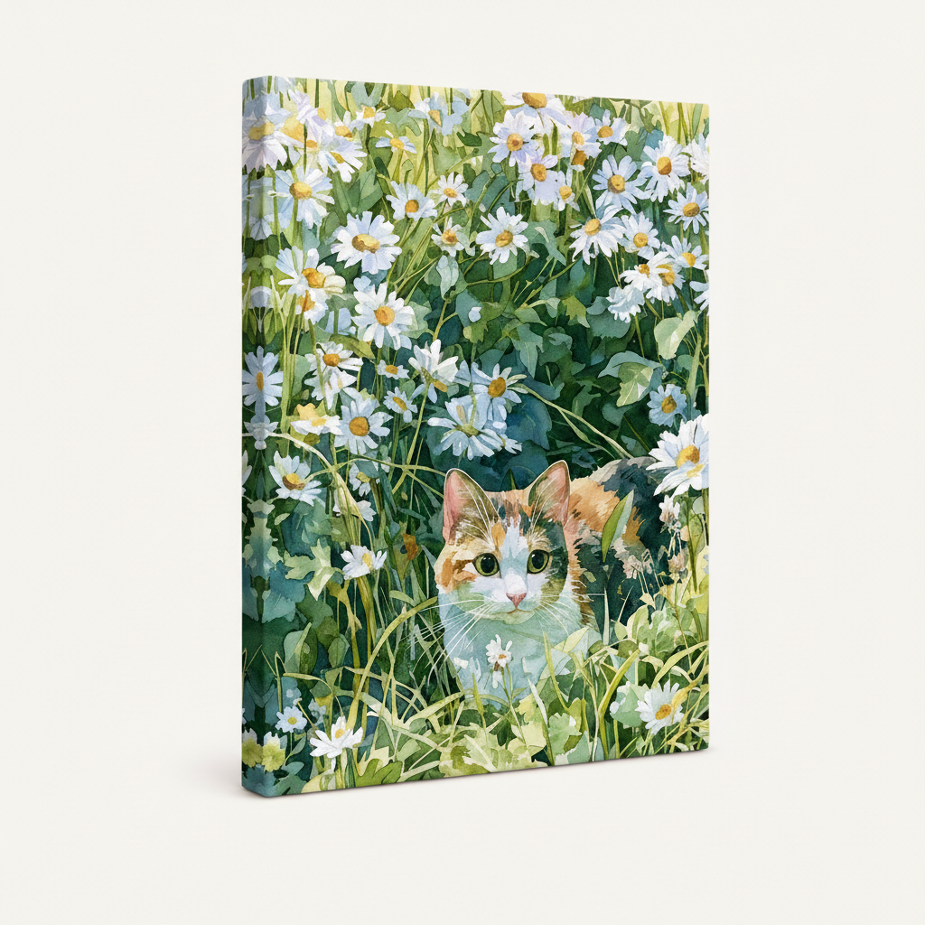 Gallery-wrapped canvas of cat peeking through white daisy flowers shown at angle on white background