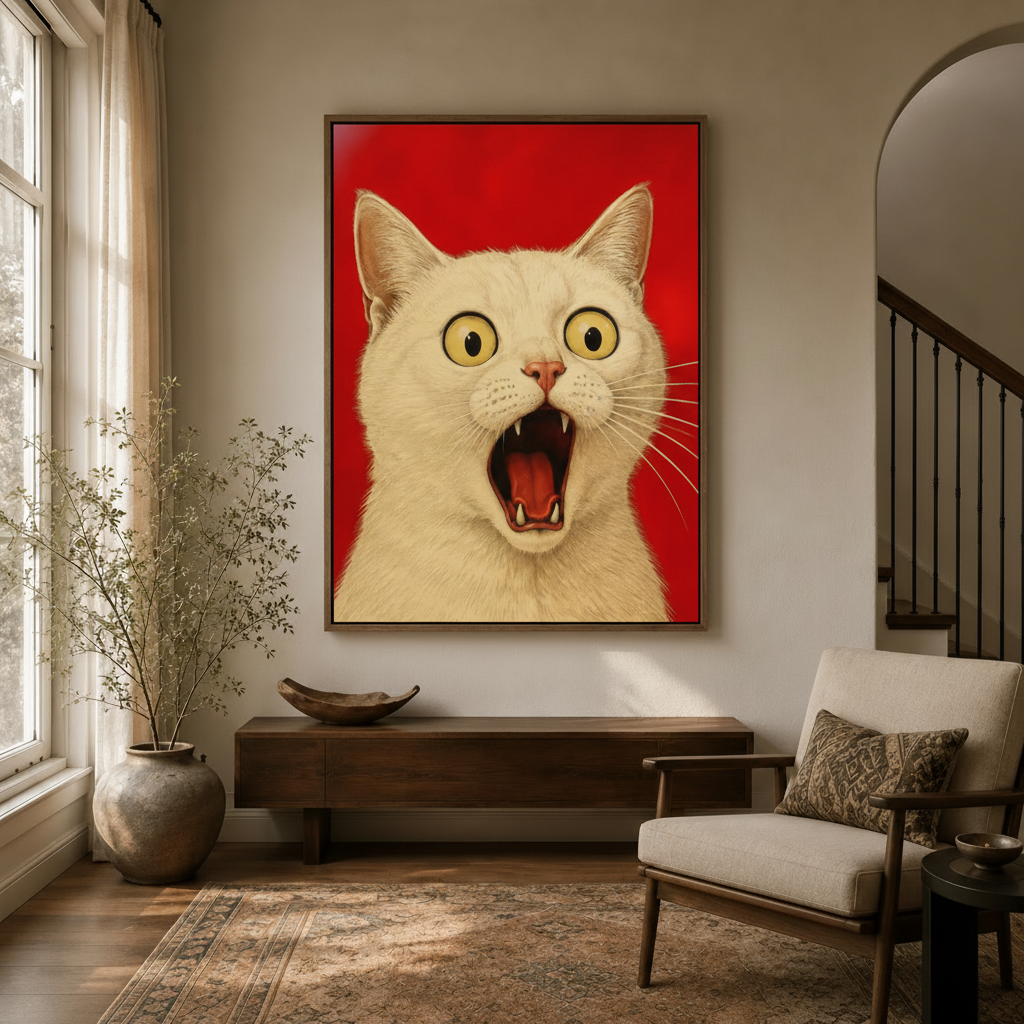 Hyperrealistic screaming white cat canvas print in dark walnut frame displayed in modern entryway with arched doorway