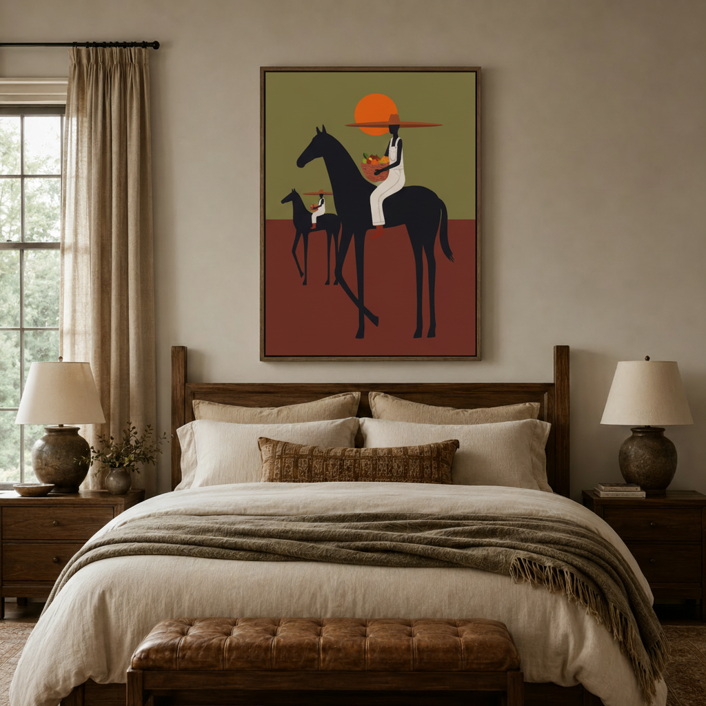 Afrocentric horse canvas print hanging above bed in a cozy neutral-toned bedroom
