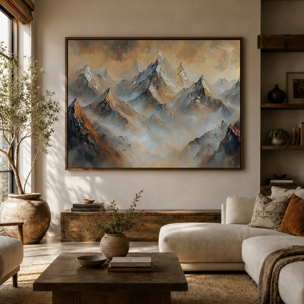 Framed mountain landscape canvas wall art hung in bright living room with olive tree and white sofa