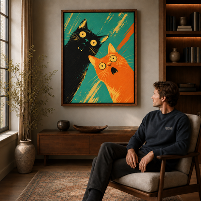A seated viewer looks toward framed pop art cats above a wooden console in a warm modern room.