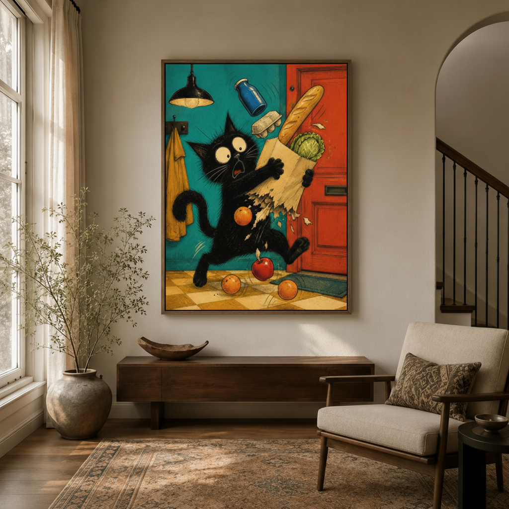 Whimsical black cat grocery bag art in framed canvas hung in bright entryway hallway