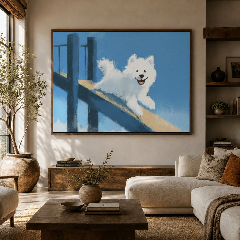 Playful white dog poolside canvas above a wood console in a sunlit living room