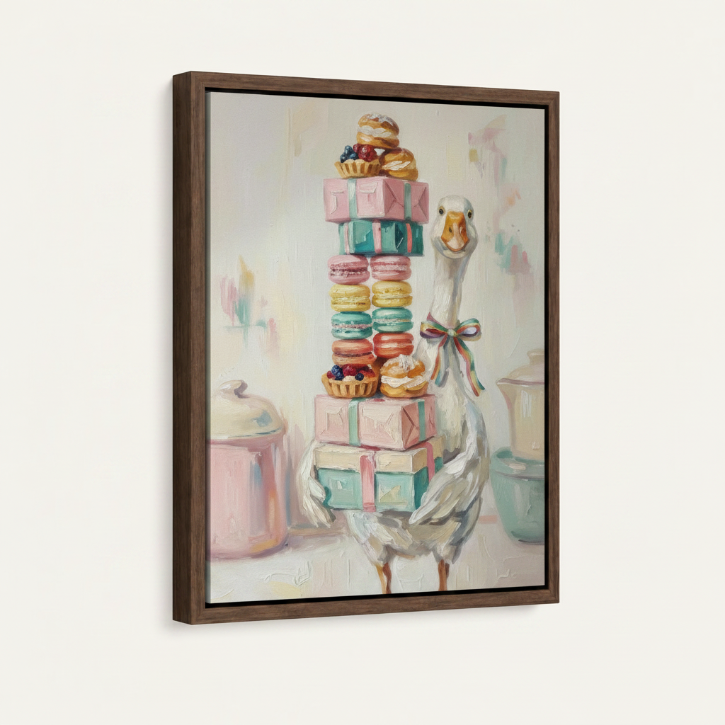 Funny goose macaron tower sweet impasto canvas in dark walnut float frame, portrait 3/4 left angle view